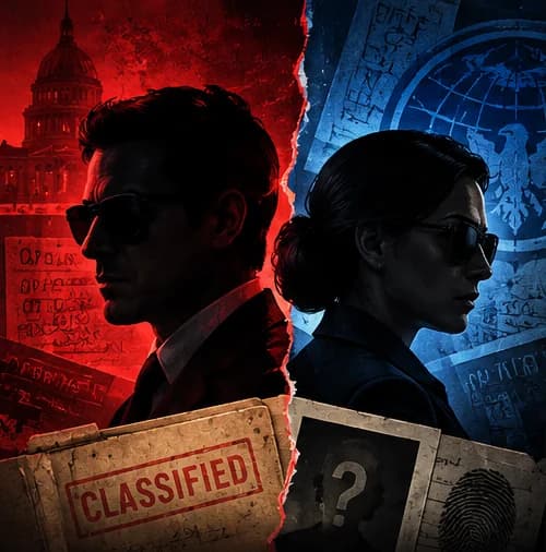 Two operatives back to back amid torn red and blue intelligence files, suggesting divided loyalties.