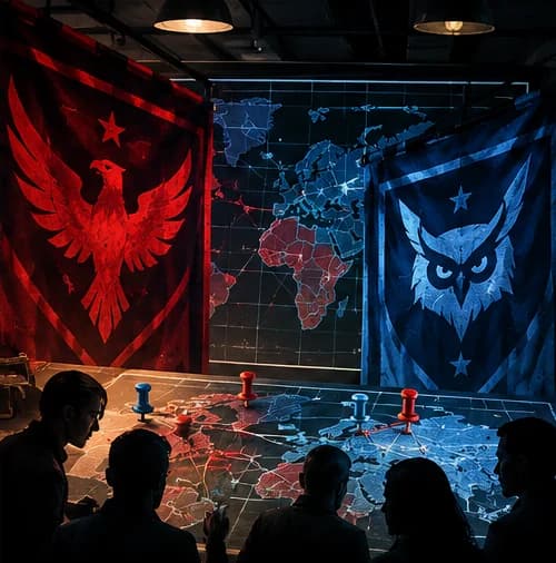 Rival red and blue faction banners above a team planning around a world map.
