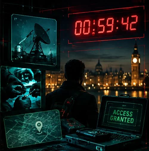 An operative watches London amid teal surveillance screens and a glowing red mission countdown.