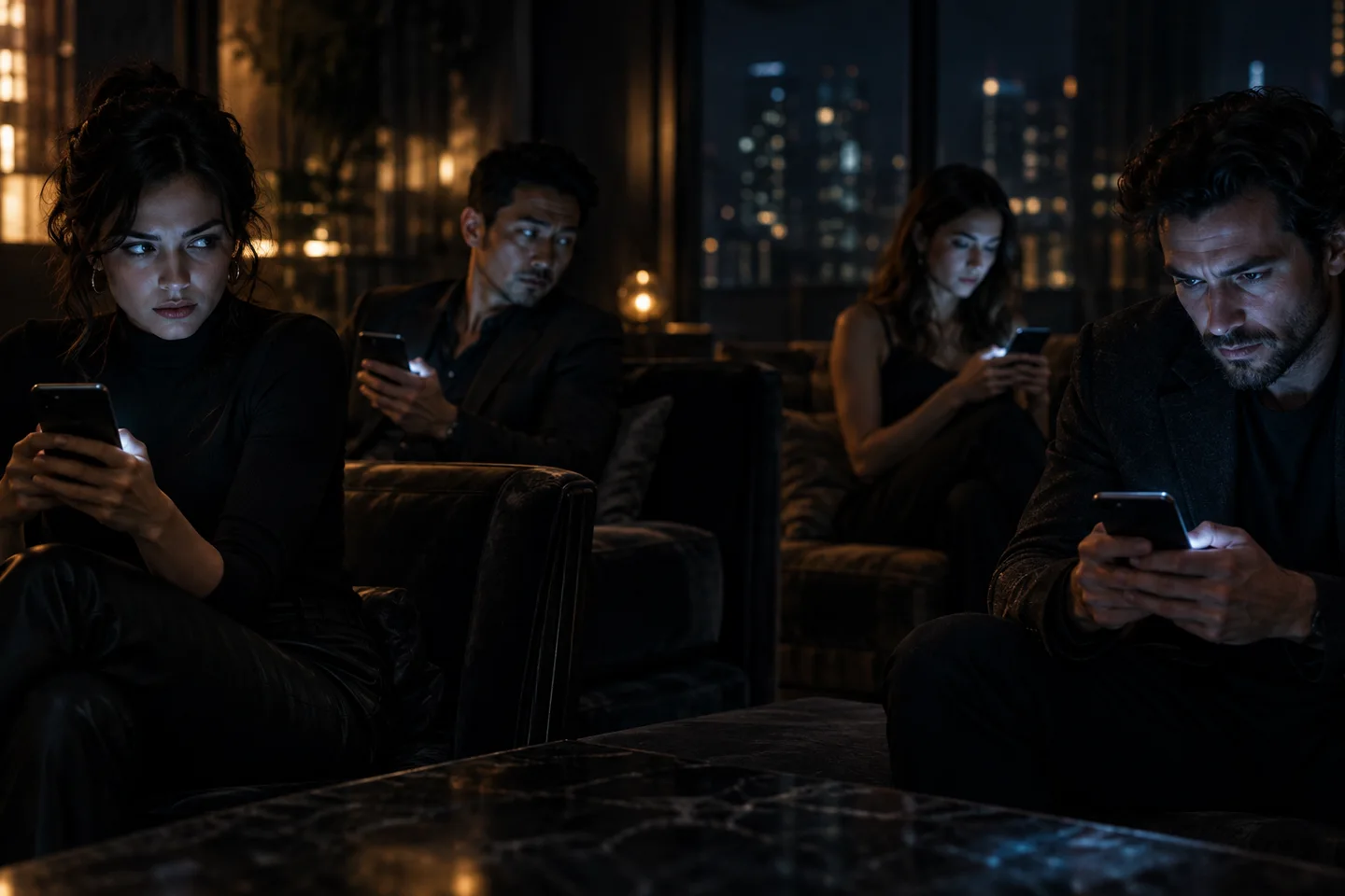 Four adult Operatives study their phones in a dark lounge, exchanging suspicious glances.