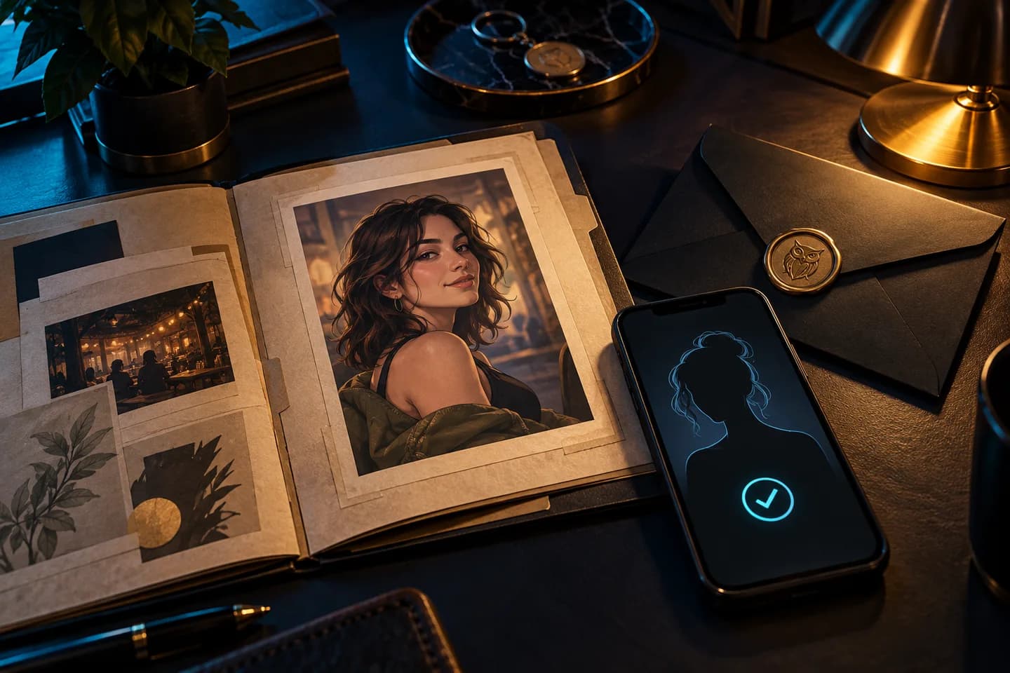 An illustrated confidential target dossier beside a phone displaying a confirmation symbol.